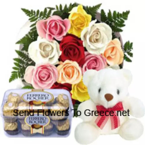 Un buchet de 11 trandafiri roșii cu umplutură sezonieră, un ursuleț alb drăguț de 12 inch și o cutie cu 16 bomboane Ferrero Rocher