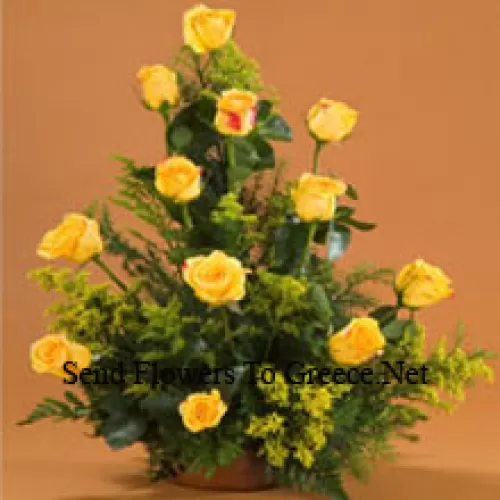 Mandje met 11 gele rozen met opvullers