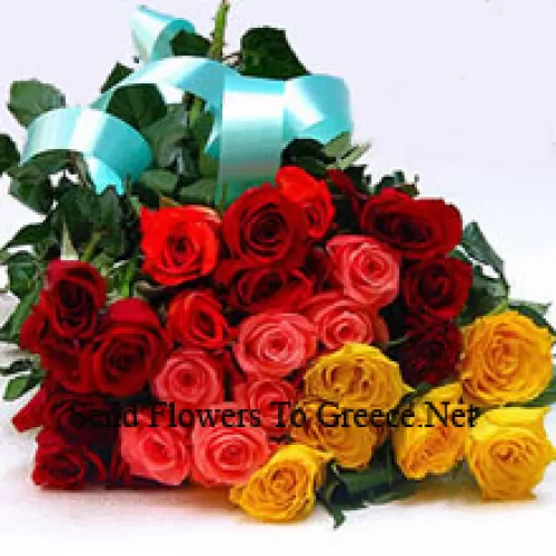 Bukiet 11 czerwonych, 5 żółtych i 5 różowych róż