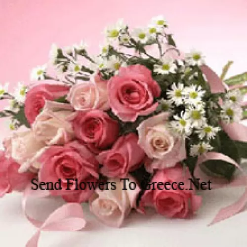 Bukiet 11 różowych róż z fioletowym statycem
