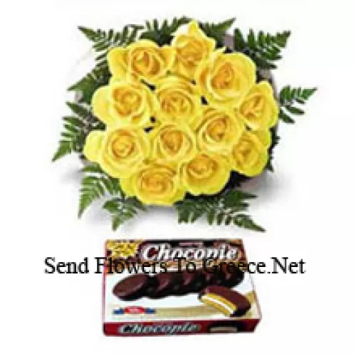 Boeket van 11 gele rozen en een doos chocolade