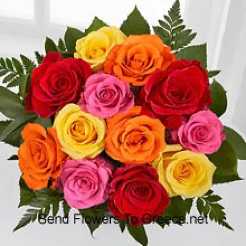 עטוף ב-11 ורדים בצבעים מעורבים