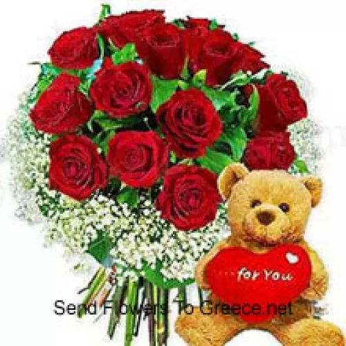 קידום של 11 ורדים אדומים עם מילוי עונתי ודובי חום חמוד בגובה 8 אינץ'