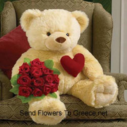 11 Red Roses with Cuddly 32 Inches Teddy