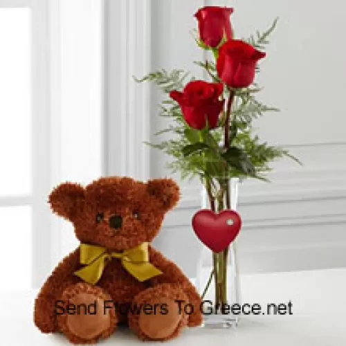 Drie rode rozen in een rode reageerbuisvaas en een schattige bruine beer van 10 inch (Wij behouden ons het recht voor om de vaas te vervangen in geval van niet-beschikbaarheid. Beperkte voorraad)