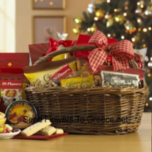 Wat is er niet leuk aan deze snack-gevulde sampler voor de feestdagen? Of hun verlangens nu neigen naar een zoete smaak of meer hartig, ze zullen altijd iets bevredigends vinden in de Chocolate Vanilla Swirl Cookies, individueel verpakte Italiaanse Chocolade Truffels, Peanut Butter Nuggets, Scottish Shortbread Fingers, ouderwetse Sour Lemon Drops, knapperige Feel Good Snack Mix, Cheddar Cheese Straws, Geroosterde Pinda's, Schotse Shortbread Fingers en Jelly Belly Jelly Beans. Deze mand is de perfecte manier om op te laden tijdens het drukke vakantieseizoen. (Let op: wij behouden ons het recht voor om een bepaald product te vervangen door een geschikt product van gelijke waarde in geval van niet-beschikbaarheid van een bepaald product)